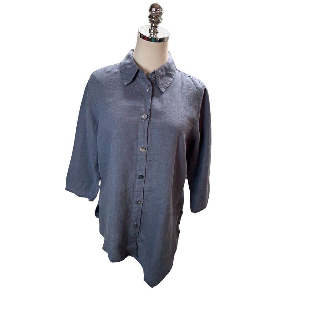 CMC Top Women's Size Medium Gray Color Me Cotton Button Up 100% Linen